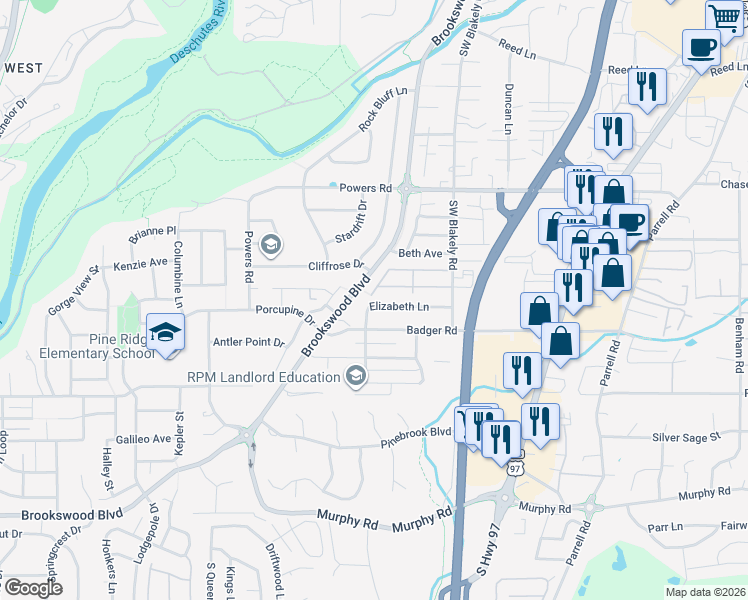 map of restaurants, bars, coffee shops, grocery stores, and more near 20020 Elizabeth Lane in Bend