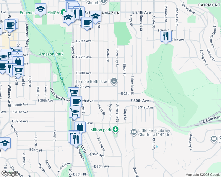 map of restaurants, bars, coffee shops, grocery stores, and more near 1150 East 29th Avenue in Eugene