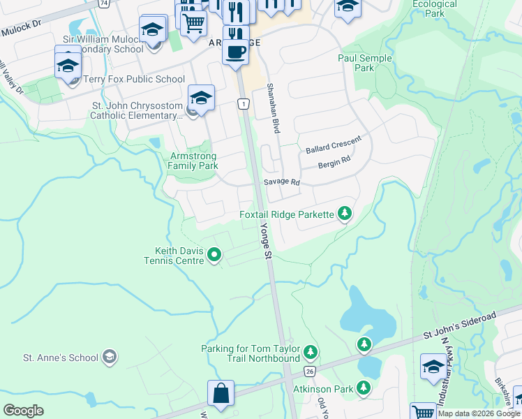 map of restaurants, bars, coffee shops, grocery stores, and more near 16238 Yonge Street in Newmarket