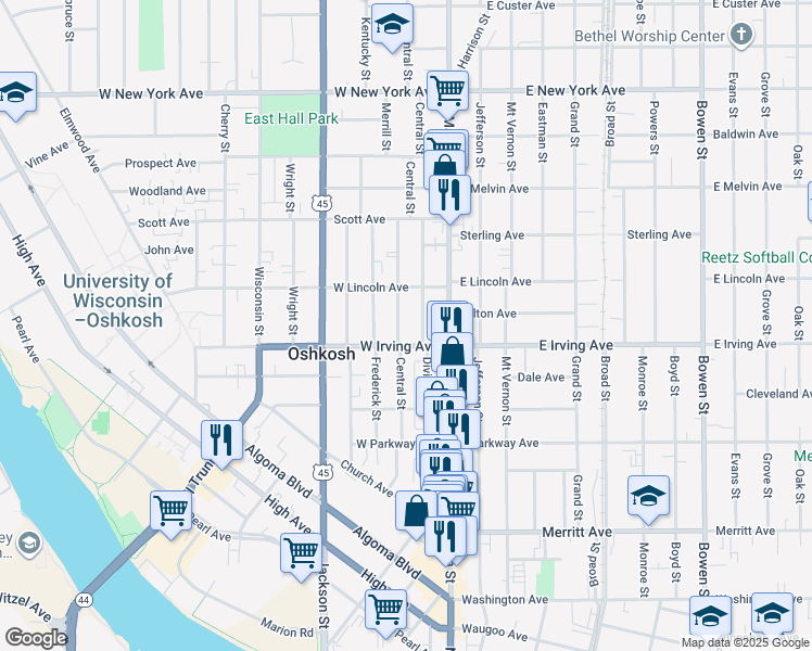 map of restaurants, bars, coffee shops, grocery stores, and more near 106 West Irving Avenue in Oshkosh