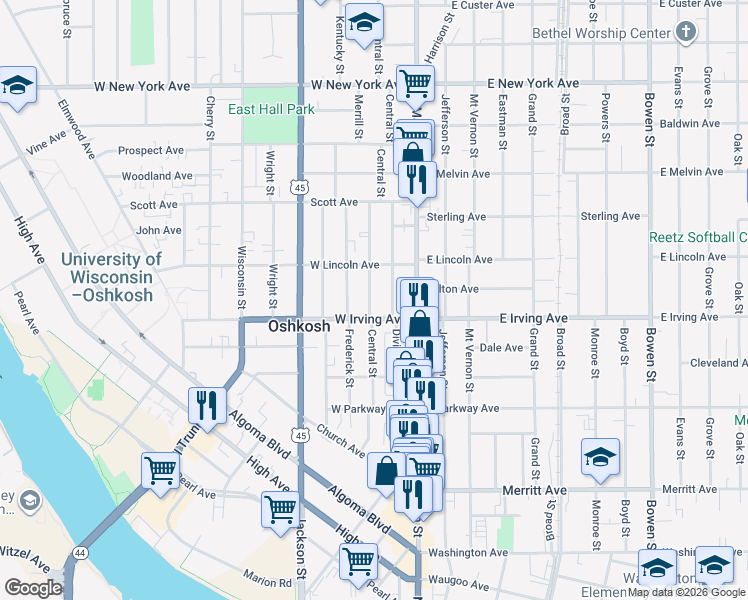 map of restaurants, bars, coffee shops, grocery stores, and more near 106 West Irving Avenue in Oshkosh