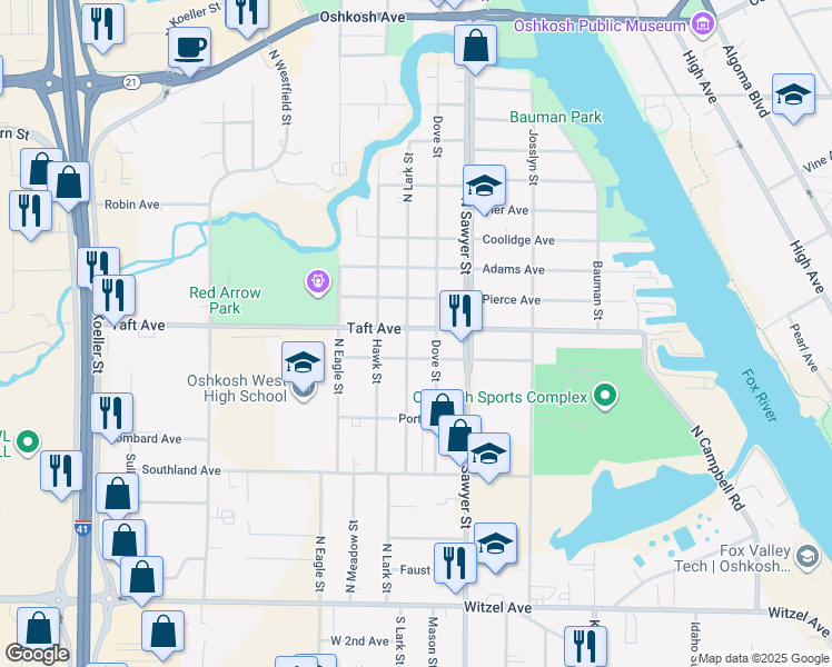 map of restaurants, bars, coffee shops, grocery stores, and more near 1312 Rush Avenue in Oshkosh