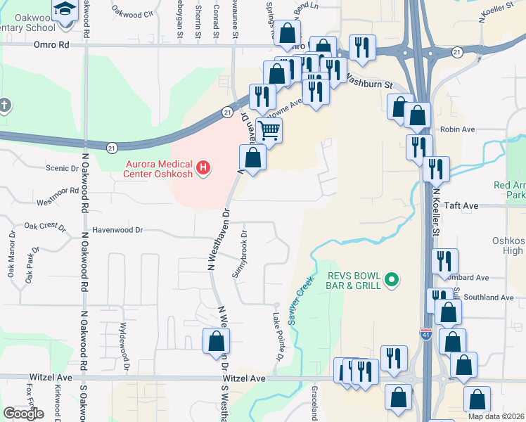 map of restaurants, bars, coffee shops, grocery stores, and more near 2410 Springmill Drive in Oshkosh