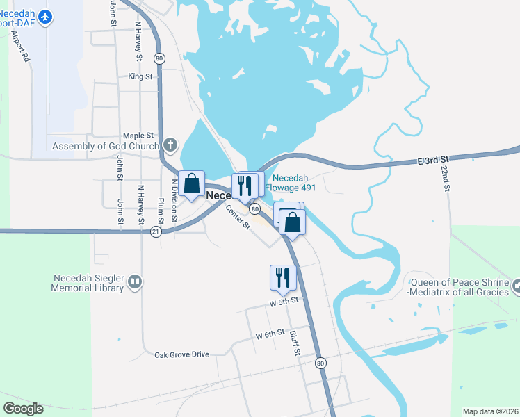 map of restaurants, bars, coffee shops, grocery stores, and more near 213 South Main Street in Necedah