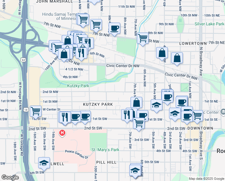 map of restaurants, bars, coffee shops, grocery stores, and more near 826 2nd Street Northwest in Rochester