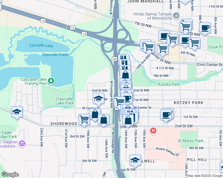 map of restaurants, bars, coffee shops, grocery stores, and more near 1718 2nd Street Northwest in Rochester