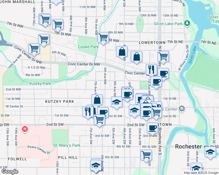 map of restaurants, bars, coffee shops, grocery stores, and more near 513 2nd Street Northwest in Rochester