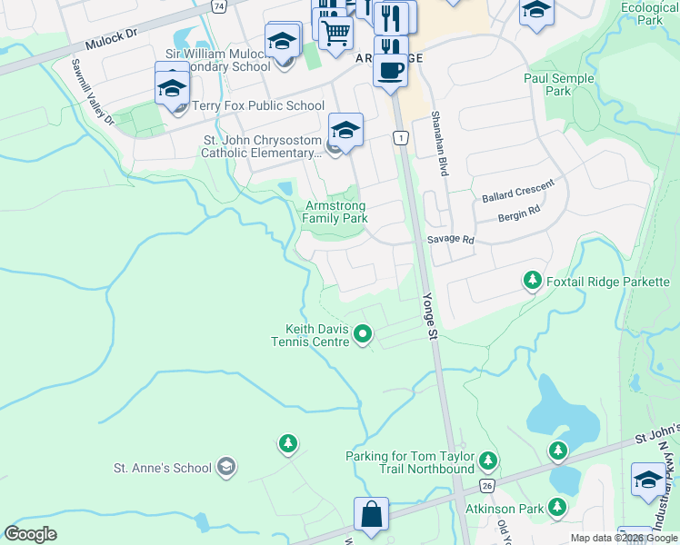 map of restaurants, bars, coffee shops, grocery stores, and more near 996 Oaktree Crescent in Newmarket