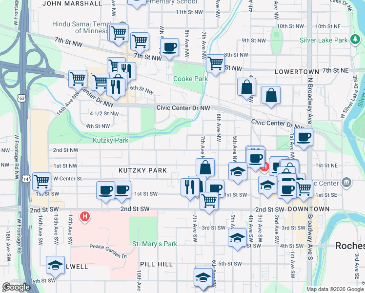 map of restaurants, bars, coffee shops, grocery stores, and more near 720 2nd Street Southwest in Rochester