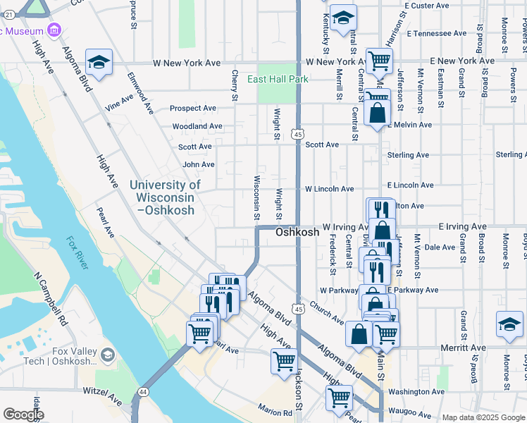 map of restaurants, bars, coffee shops, grocery stores, and more near 604 West Irving Avenue in Oshkosh