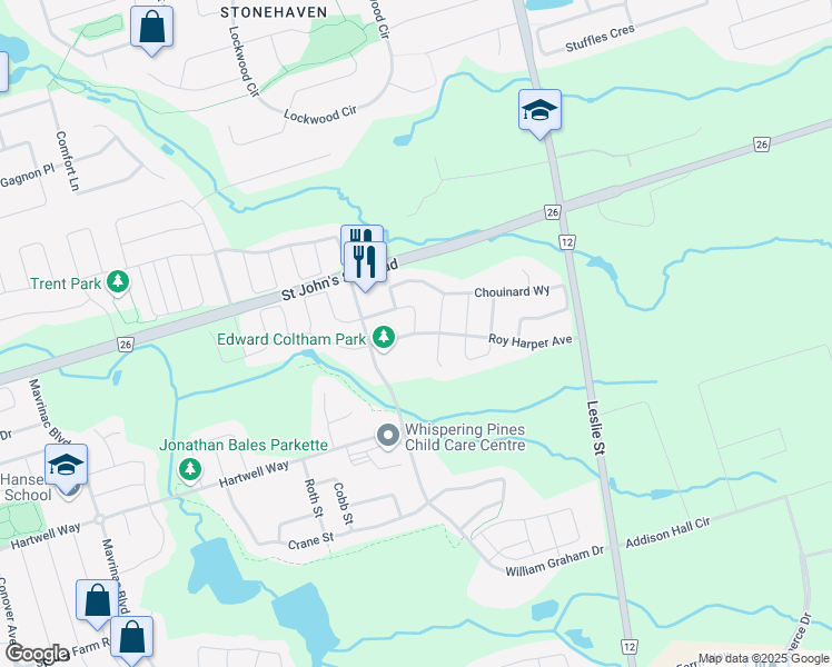 map of restaurants, bars, coffee shops, grocery stores, and more near 96 Gower Drive in Aurora