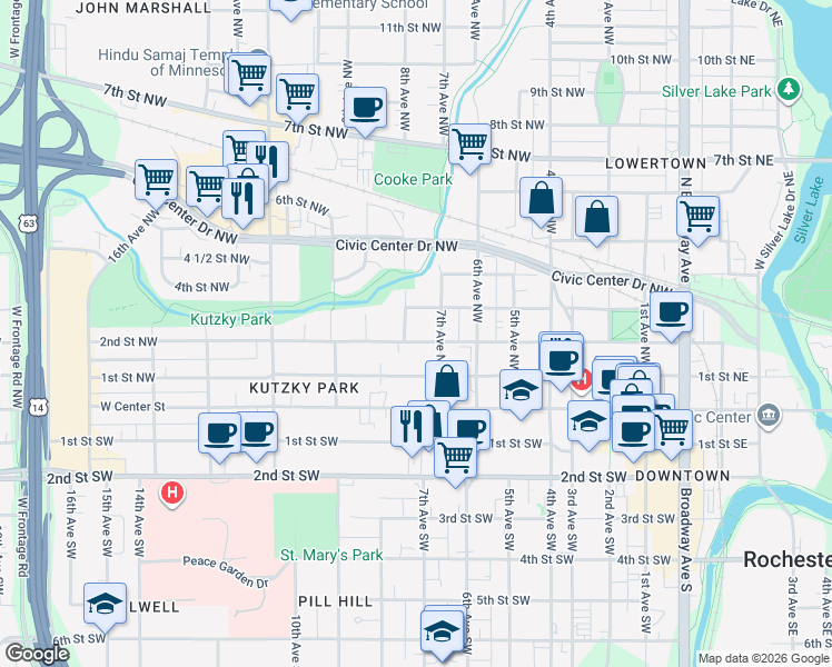 map of restaurants, bars, coffee shops, grocery stores, and more near 717 2nd Street Northwest in Rochester