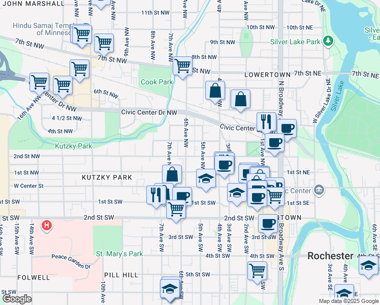 map of restaurants, bars, coffee shops, grocery stores, and more near in Rochester