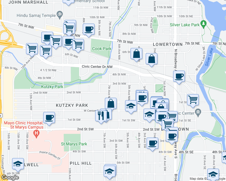 map of restaurants, bars, coffee shops, grocery stores, and more near 111 7th Avenue Northwest in Rochester