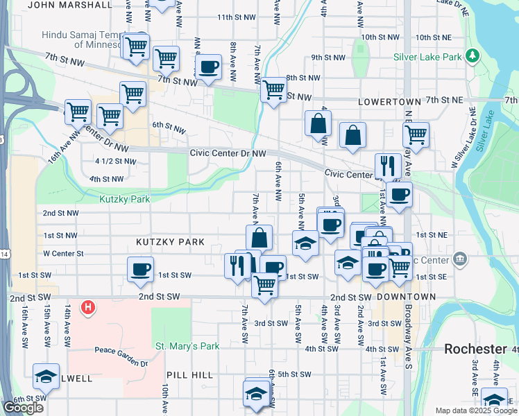 map of restaurants, bars, coffee shops, grocery stores, and more near 111 7th Avenue Northwest in Rochester