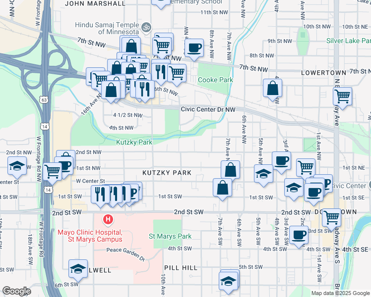 map of restaurants, bars, coffee shops, grocery stores, and more near 117 9th Avenue Southwest in Rochester