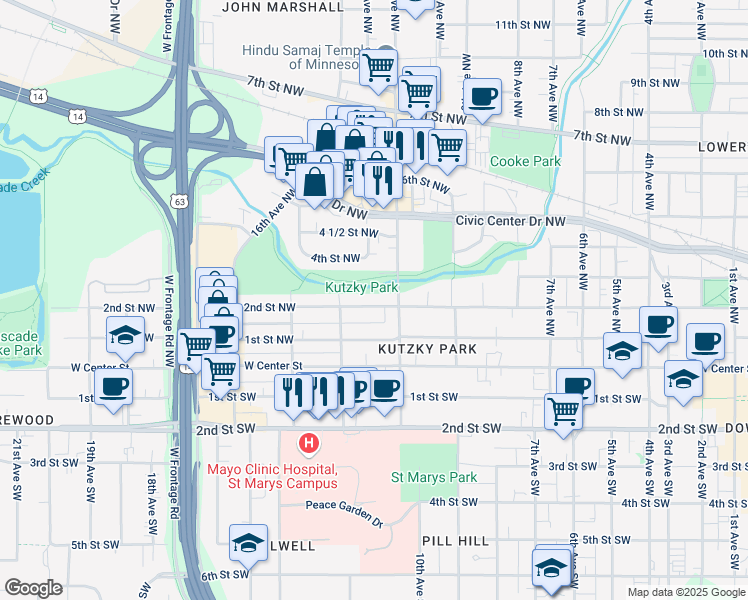 map of restaurants, bars, coffee shops, grocery stores, and more near 1112 2nd Street Southwest in Rochester