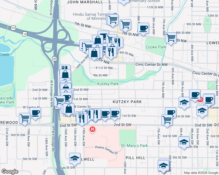 map of restaurants, bars, coffee shops, grocery stores, and more near 116 12th Avenue Southwest in Rochester
