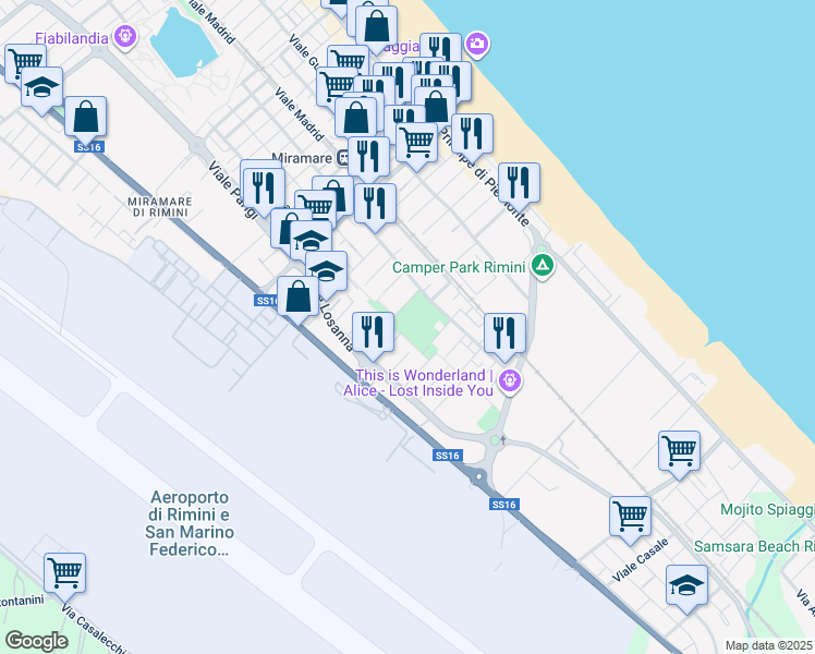 map of restaurants, bars, coffee shops, grocery stores, and more near Viale Berna in Rimini