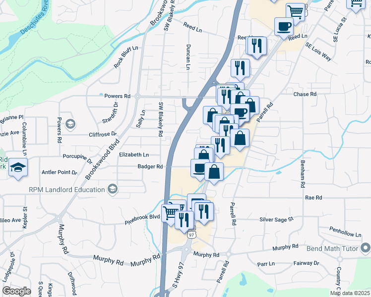 map of restaurants, bars, coffee shops, grocery stores, and more near 20130 Badger Road in Bend