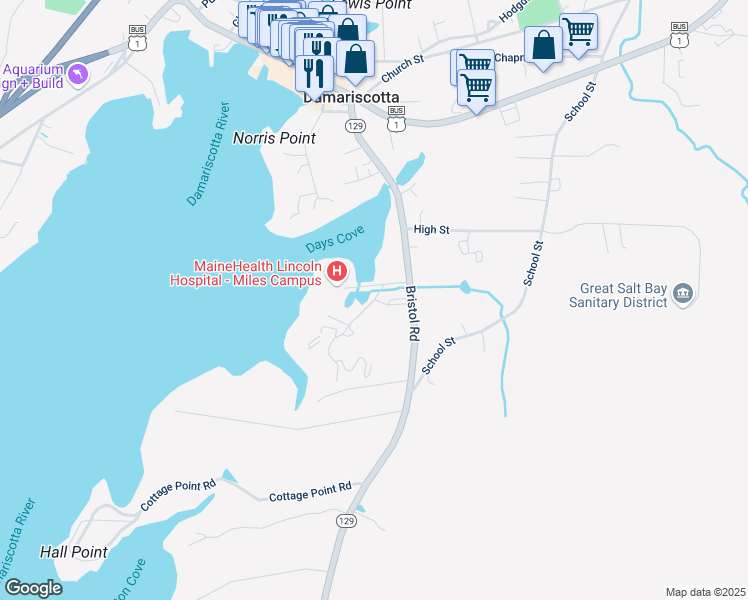 map of restaurants, bars, coffee shops, grocery stores, and more near 63 Schooner Road in Damariscotta