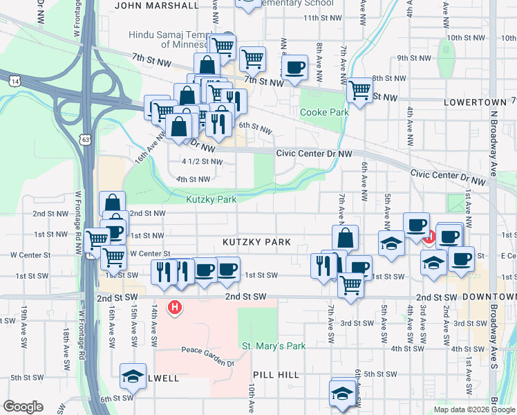 map of restaurants, bars, coffee shops, grocery stores, and more near 919 2nd Street Northwest in Rochester