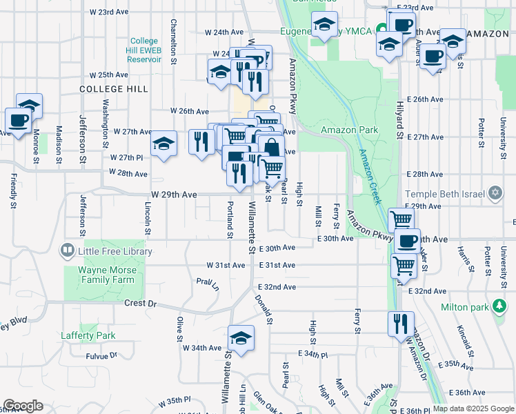 map of restaurants, bars, coffee shops, grocery stores, and more near 2917 Willamette Street in Eugene
