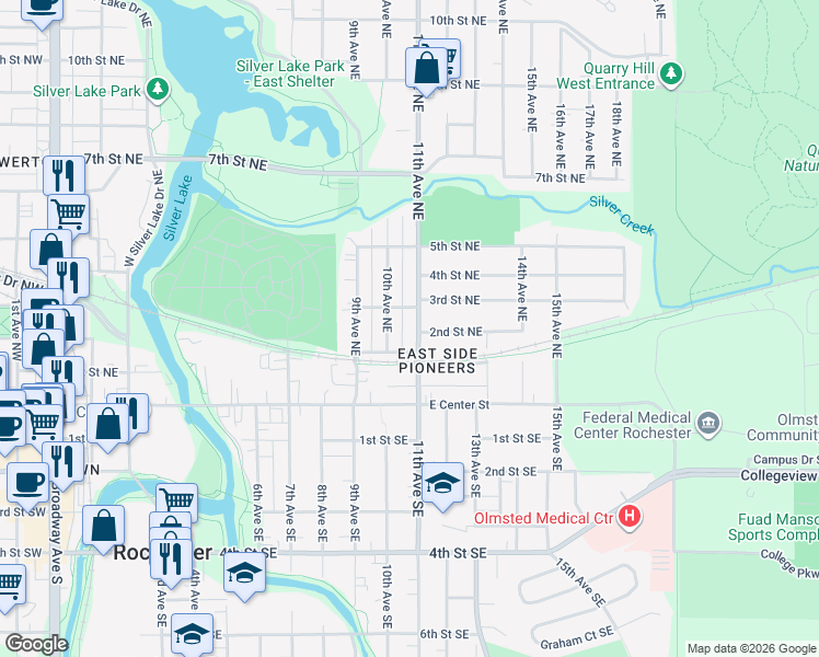 map of restaurants, bars, coffee shops, grocery stores, and more near 204 10th Avenue Southeast in Rochester