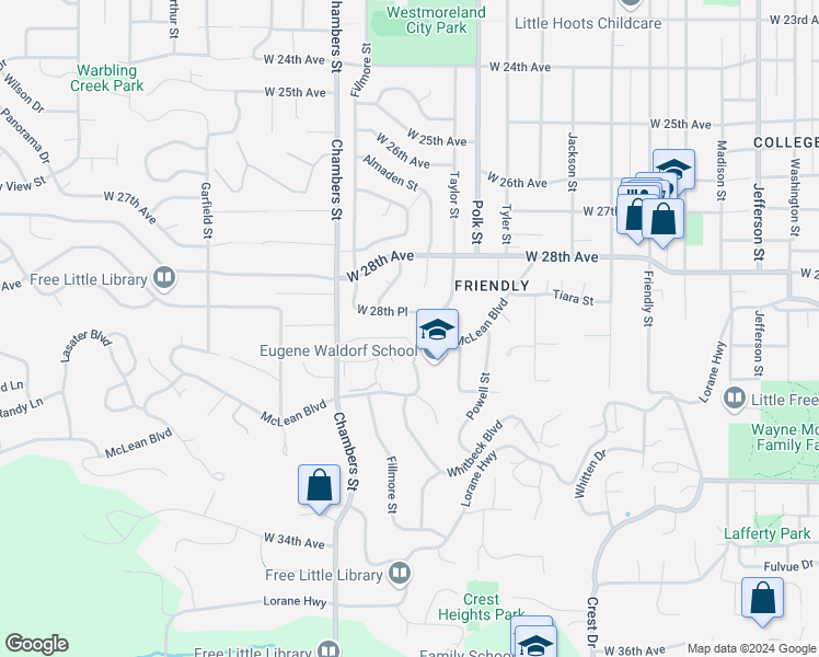 map of restaurants, bars, coffee shops, grocery stores, and more near 1607 Ardendale Lane in Eugene