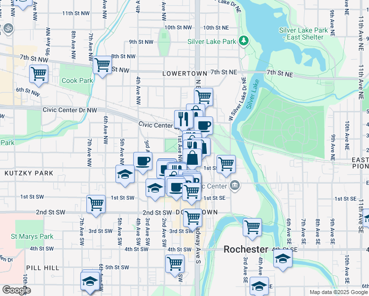 map of restaurants, bars, coffee shops, grocery stores, and more near 200 1st Avenue Northwest in Rochester