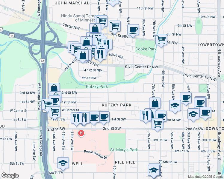 map of restaurants, bars, coffee shops, grocery stores, and more near 1009 2nd Street Northwest in Rochester