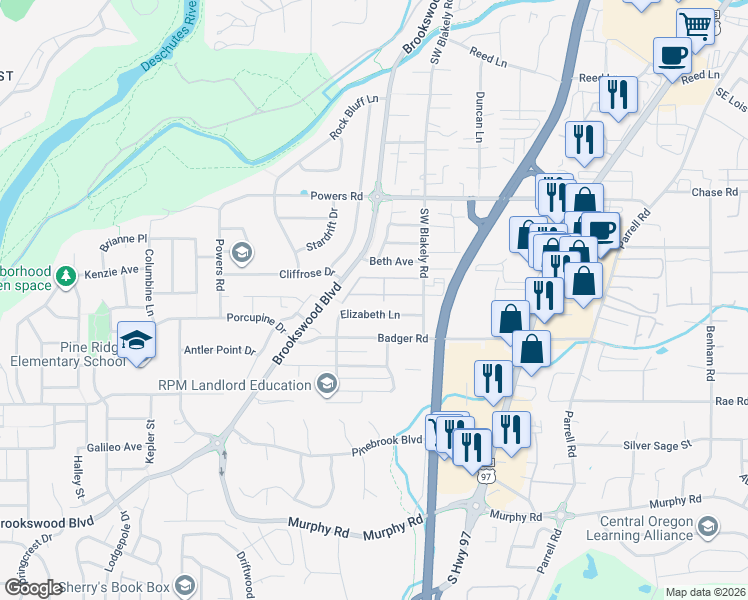 map of restaurants, bars, coffee shops, grocery stores, and more near 20061 Mount Faith Place in Bend