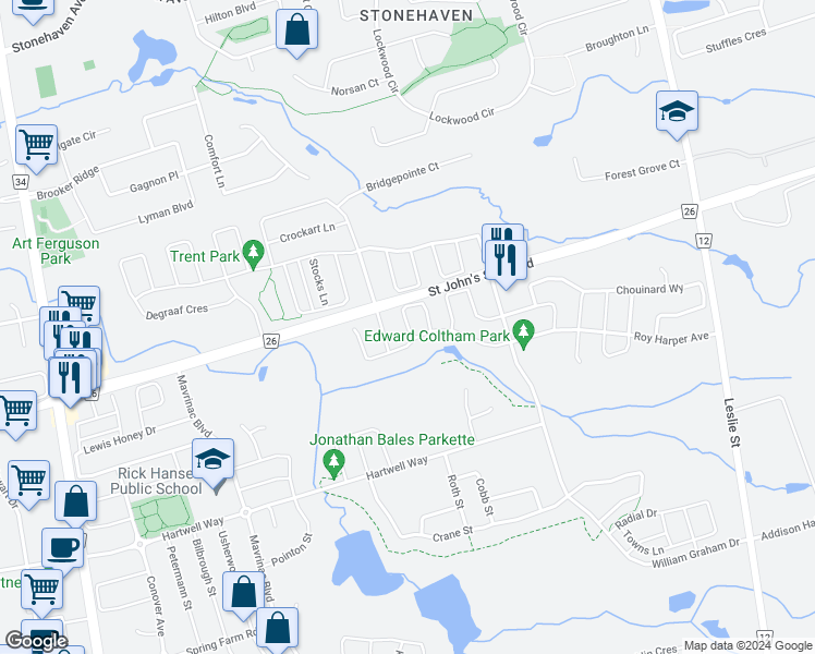 map of restaurants, bars, coffee shops, grocery stores, and more near Russell Parker Crescent in Aurora