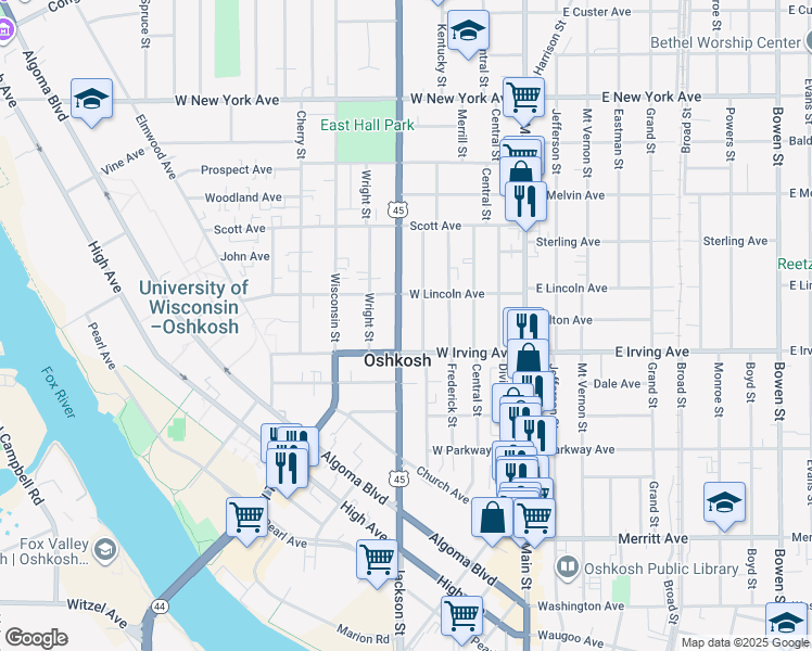 map of restaurants, bars, coffee shops, grocery stores, and more near in Oshkosh
