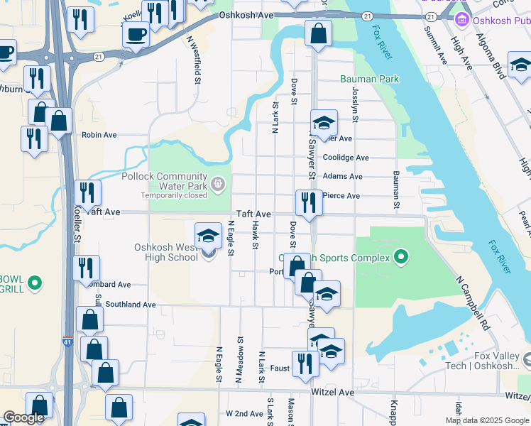 map of restaurants, bars, coffee shops, grocery stores, and more near 1422 Rush Avenue in Oshkosh