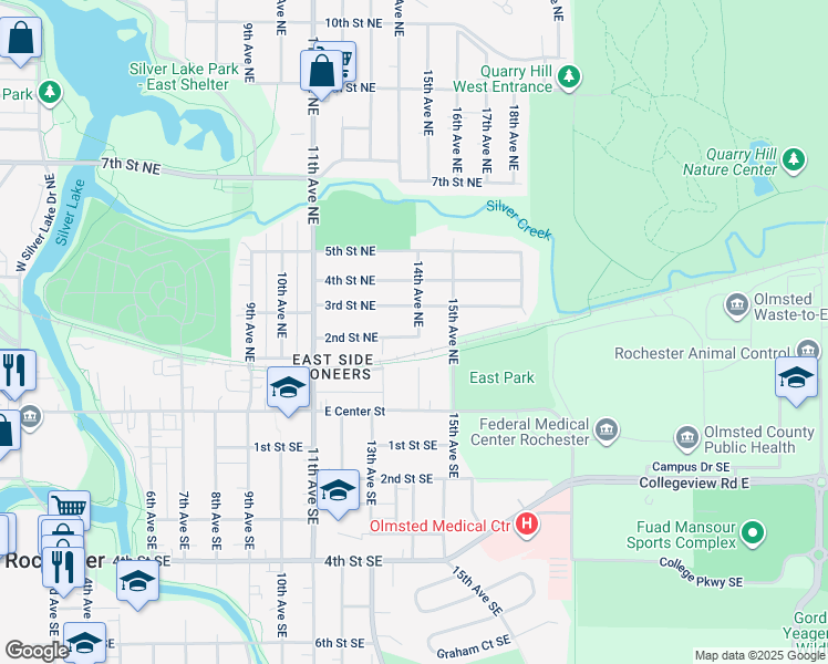 map of restaurants, bars, coffee shops, grocery stores, and more near 1324 2nd Street Northeast in Rochester