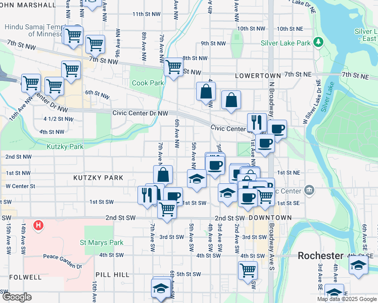 map of restaurants, bars, coffee shops, grocery stores, and more near in Rochester