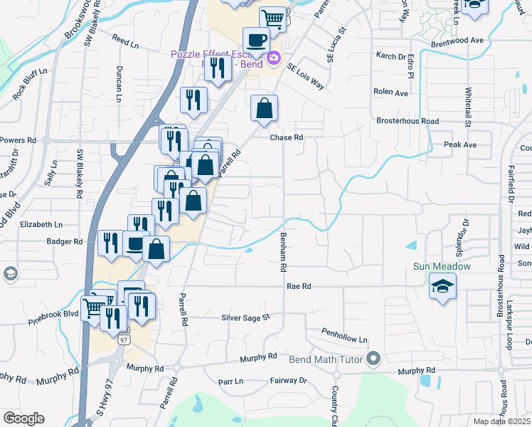 map of restaurants, bars, coffee shops, grocery stores, and more near 61267 Benham Road in Bend