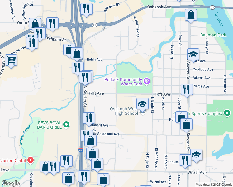 map of restaurants, bars, coffee shops, grocery stores, and more near 601 North Westfield Street in Oshkosh