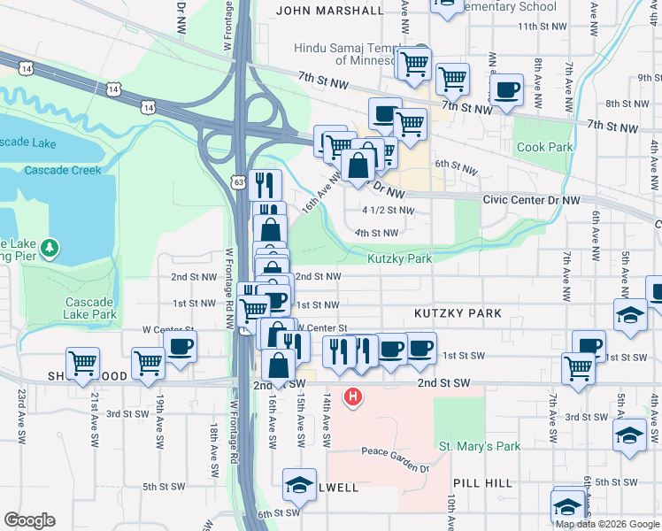 map of restaurants, bars, coffee shops, grocery stores, and more near 117 13th Avenue Southwest in Rochester