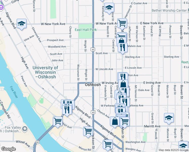 map of restaurants, bars, coffee shops, grocery stores, and more near in Oshkosh