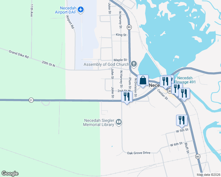 map of restaurants, bars, coffee shops, grocery stores, and more near 701 1st Street West in Necedah