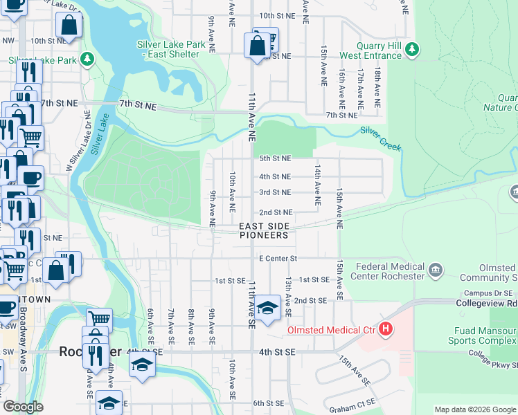 map of restaurants, bars, coffee shops, grocery stores, and more near 206 11th Avenue Northeast in Rochester