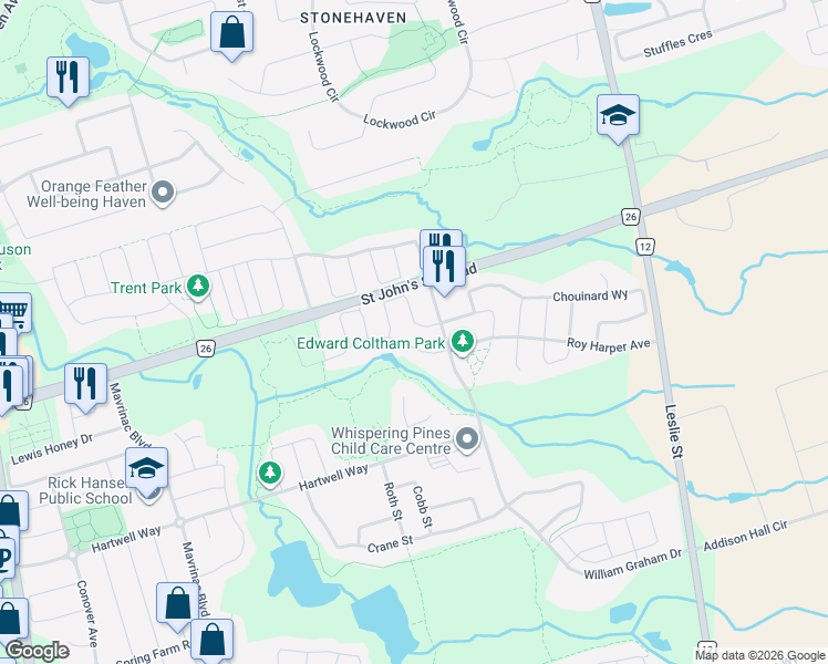 map of restaurants, bars, coffee shops, grocery stores, and more near 99 Rothwell Street in Aurora