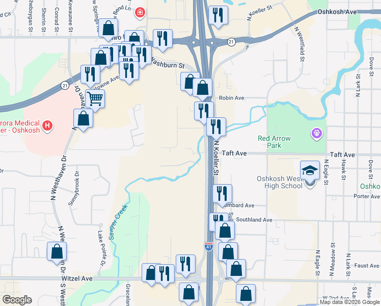 map of restaurants, bars, coffee shops, grocery stores, and more near 765 North Washburn Street in Oshkosh