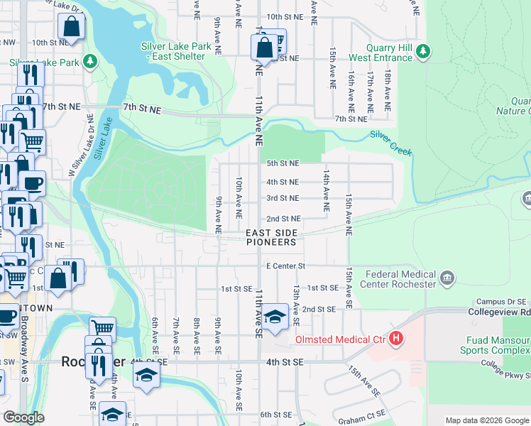 map of restaurants, bars, coffee shops, grocery stores, and more near 1117 3rd Street Northeast in Rochester