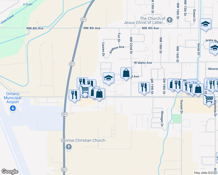 map of restaurants, bars, coffee shops, grocery stores, and more near 2449 Southwest 4th Avenue in Ontario