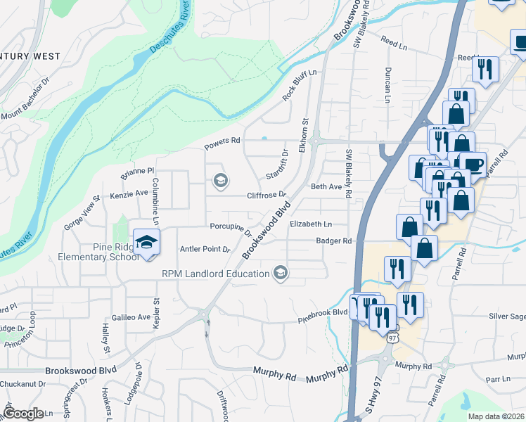 map of restaurants, bars, coffee shops, grocery stores, and more near 19976 Cliffrose Drive in Bend