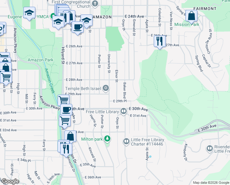 map of restaurants, bars, coffee shops, grocery stores, and more near 2860 Elinor Street in Eugene