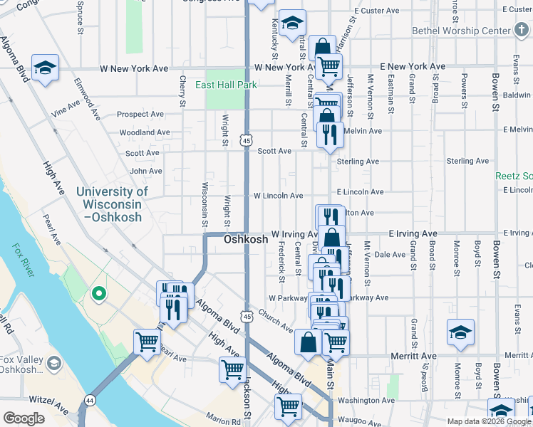 map of restaurants, bars, coffee shops, grocery stores, and more near 303 West Lincoln Avenue in Oshkosh